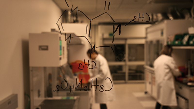 Two individuals in lab coats working in a laboratory. A transparent surface in the foreground displays a chemical structure with the text: CH₃, CH₃, C₆H₄N₂O₂.