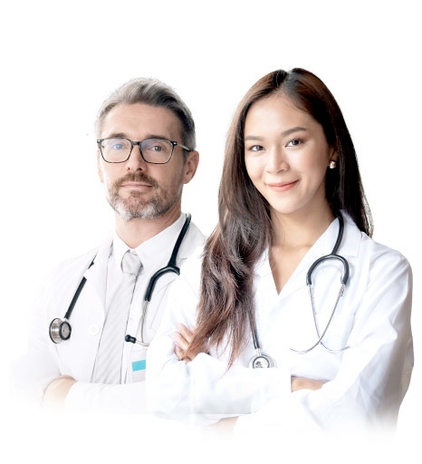 Two doctors wearing white coats and stethoscopes stand side by side, facing forward against a plain white background.