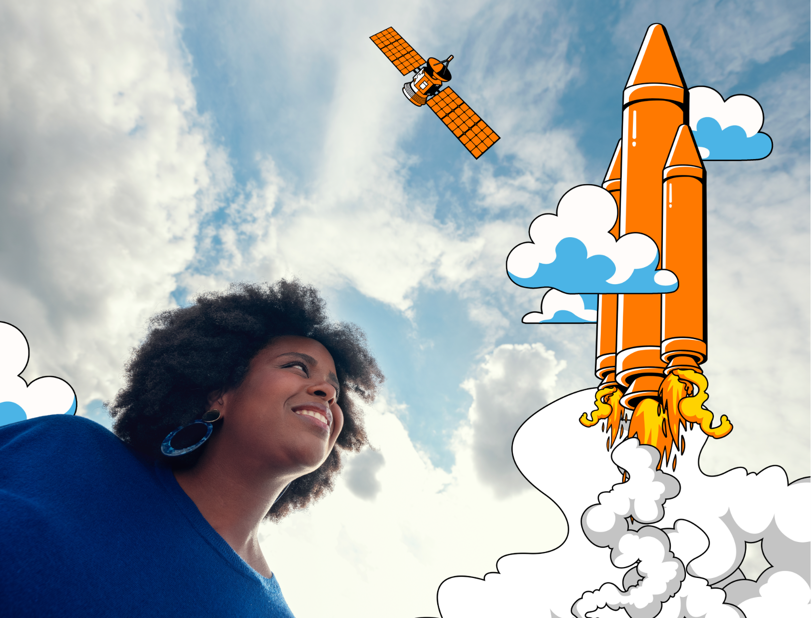 Portrait of a woman looking upward as a rocket illustration launches into the sky, representing innovation and forward-thinking