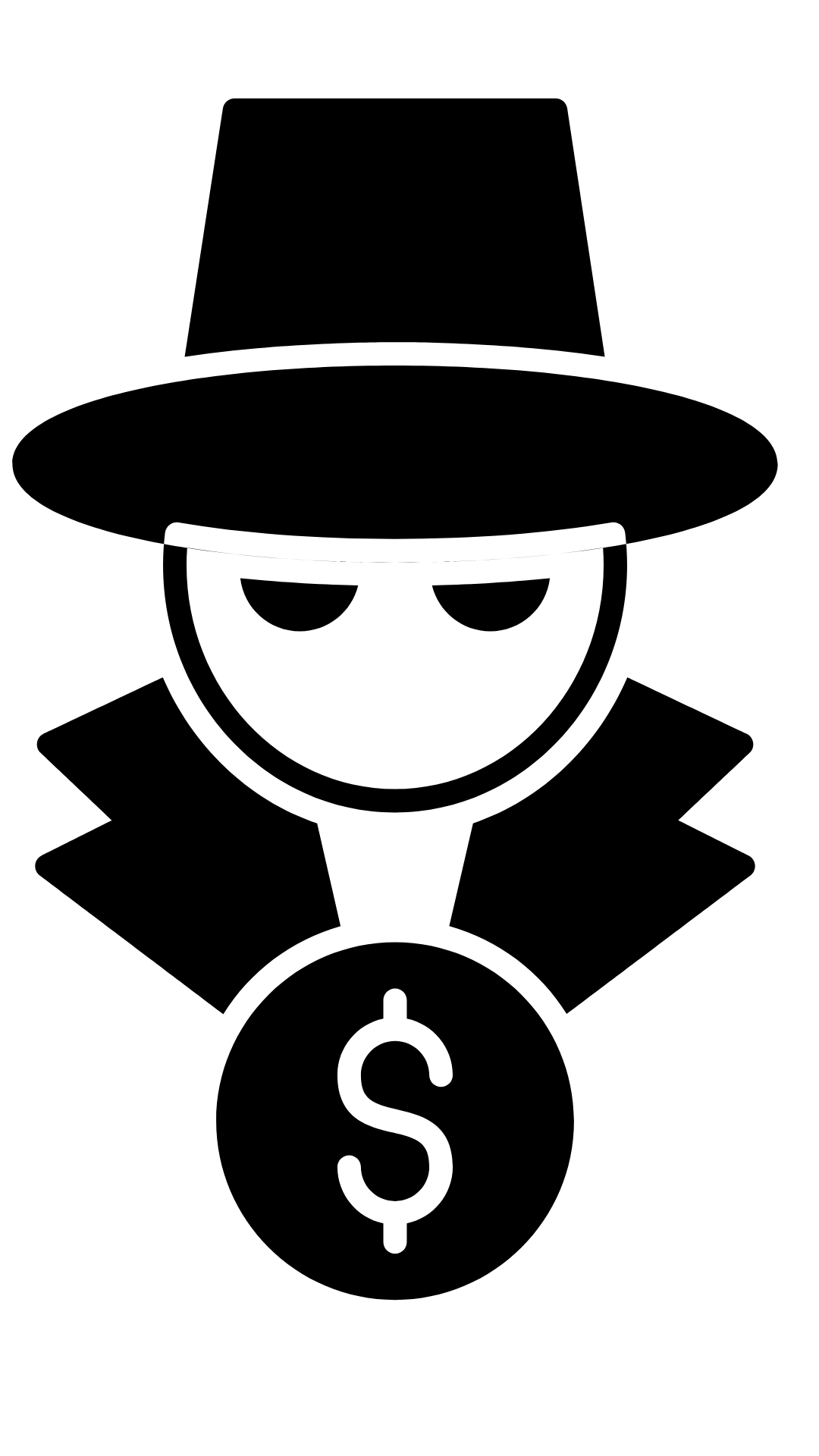 A stylized icon of a mysterious figure in a fedora and sunglasses, wearing a trench coat. The figure holds a large coin marked with a dollar symbol, capturing the essence of secrecy.