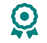A teal icon of an award ribbon with a circular center and two short ribbon tails at the bottom, representing achievement or certification.